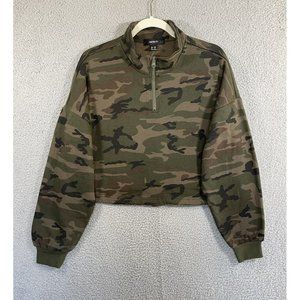 Forever 21 Womens Plus Size 0X/12 Cropped Sweatshirt Green Camo Zip Long Sleeves